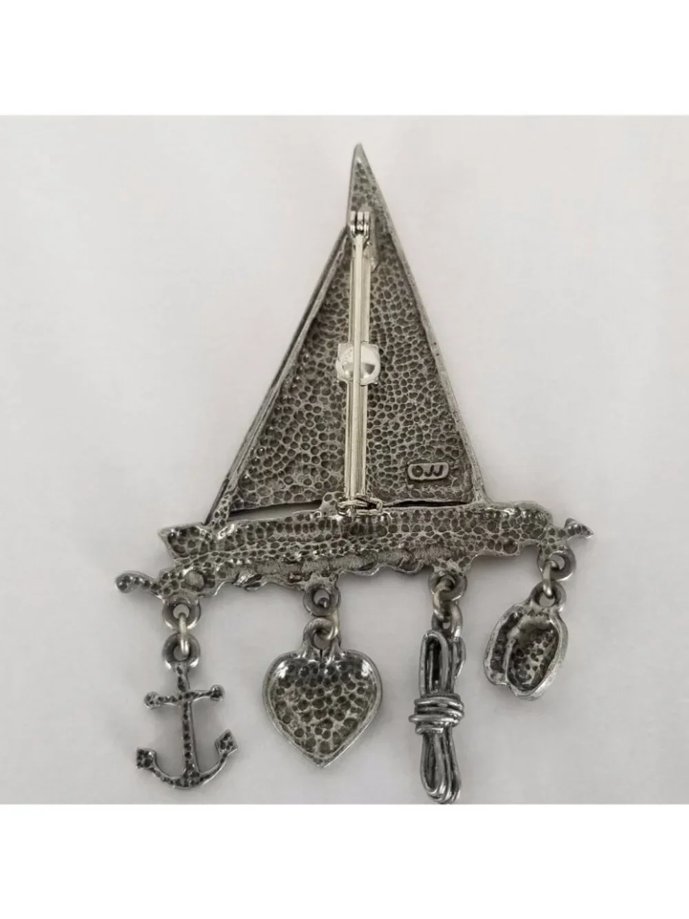 J.J. Sailboat with dangling nautical charms pewter Pin Brooch Vintage 1980's